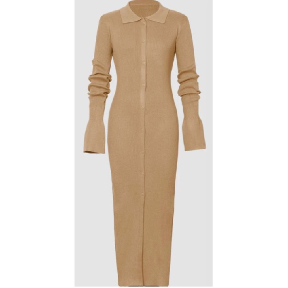 Shell Sleeve Ribbed Buttons Down Maxi Dress